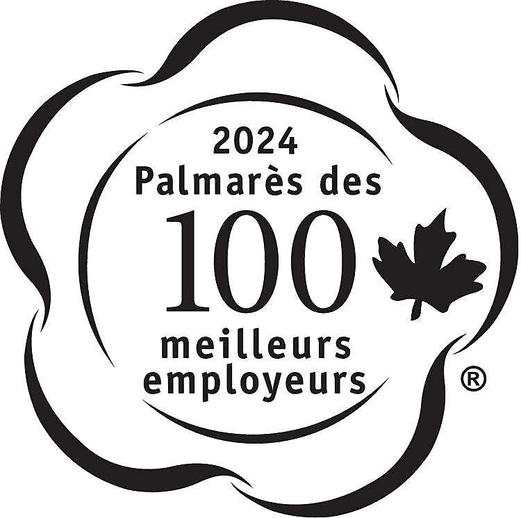 Logo des 100 meilleurs employeurs du Canada pour l’année 2024, avec du texte en gras et un symbole de la feuille d’érable, indiquant la reconnaissance des employeurs canadiens exceptionnels.