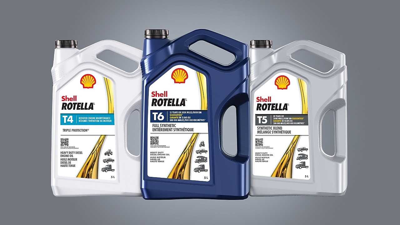 Lineup of Shell Rotella motor oil bottles built on the Triple Protection legacy of performance.