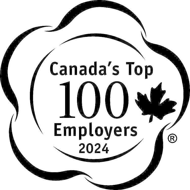Logo of Canada’s Top 100 Employers for the year 2024, featuring bold text and a maple leaf symbol, indicating recognition of outstanding Canadian employers.