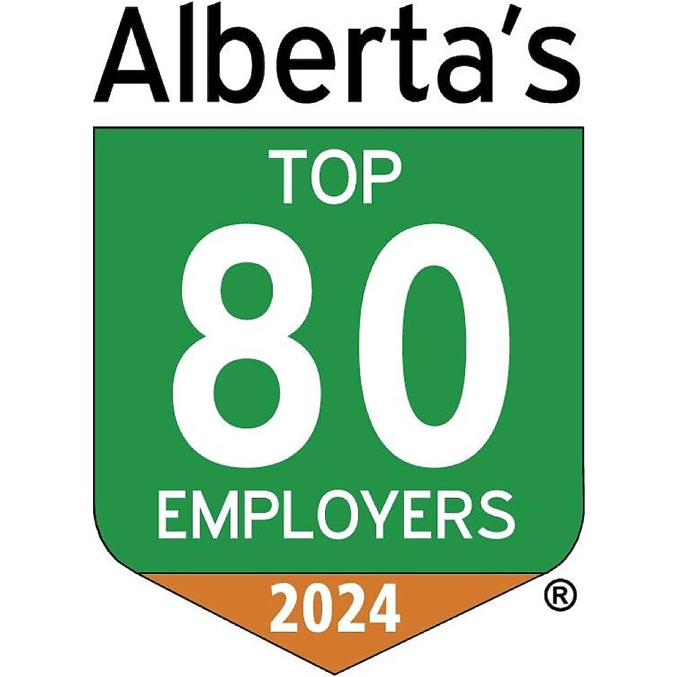 Logo of Alberta’s Top 80 Employers for the year 2024, featuring bold white text on a green background with an orange accent at the bottom.