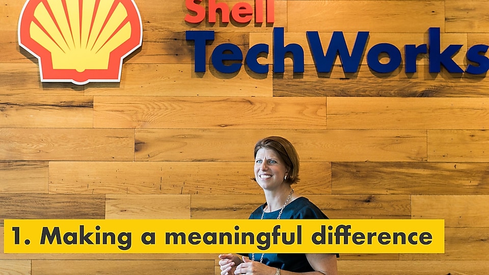 Reason number one – making a meaningful difference. Julie Ferland in front of a Shell TechWorks sign.