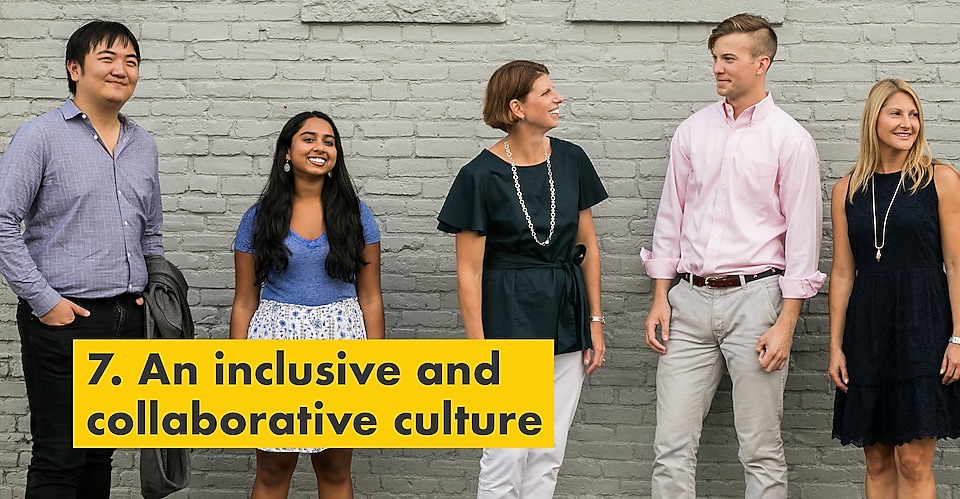 Reason number seven – an inclusive and collaborative culture. Julie Ferland and Shell TechWorks team hanging out outside.