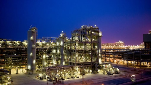 A Shell refinery at night.