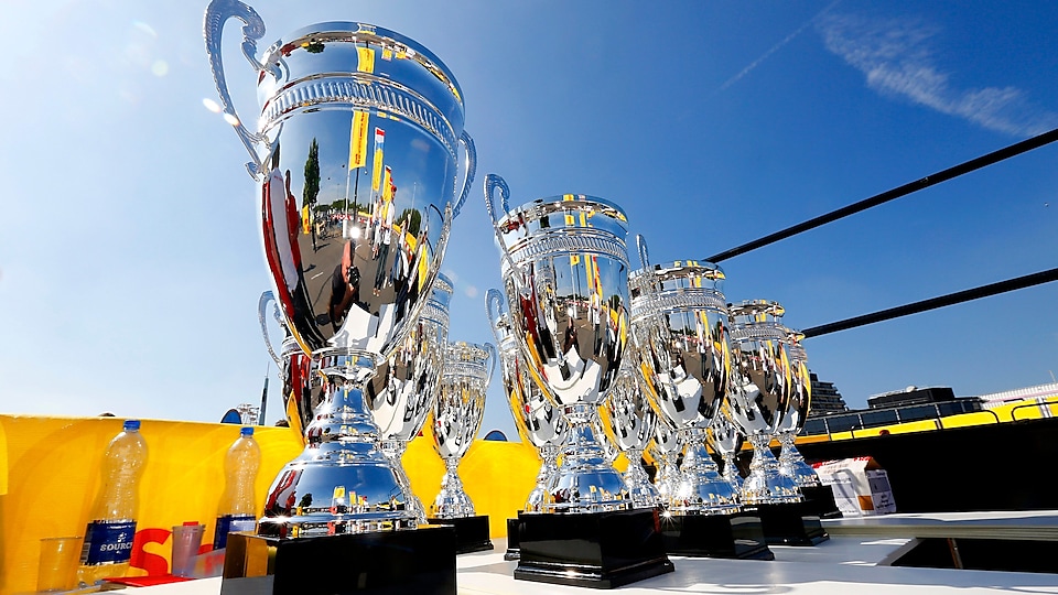 The cups for the winners shine, just before the award ceremony, of the Shell Eco-marathon Europe 2014, Sunday, May 18, 2014, at the Ahoy Center in Rotterdam, Netherlands.