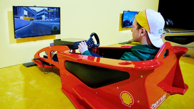 A participant interacts with part of the experience during Tech Inspection day of the Shell Eco-marathon Americas 2015 in Detroit, Mich., Thursday, April 9, 2015.