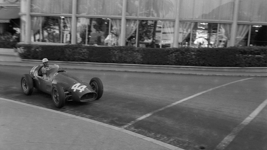 Maurice Trintignant driving his Ferrari Formula 1 car at the Monaco Grand Prix in 1955
