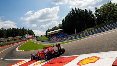 Sebastian Vettel of Germany and Ferrari drives during practice for the Formula One Grand Prix of Belgium at Circuit de Spa-Francorchamps