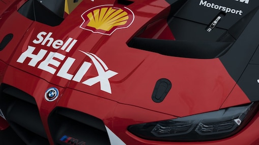 A red BMW M3 close up of bonnet with SHELL HELIX logo