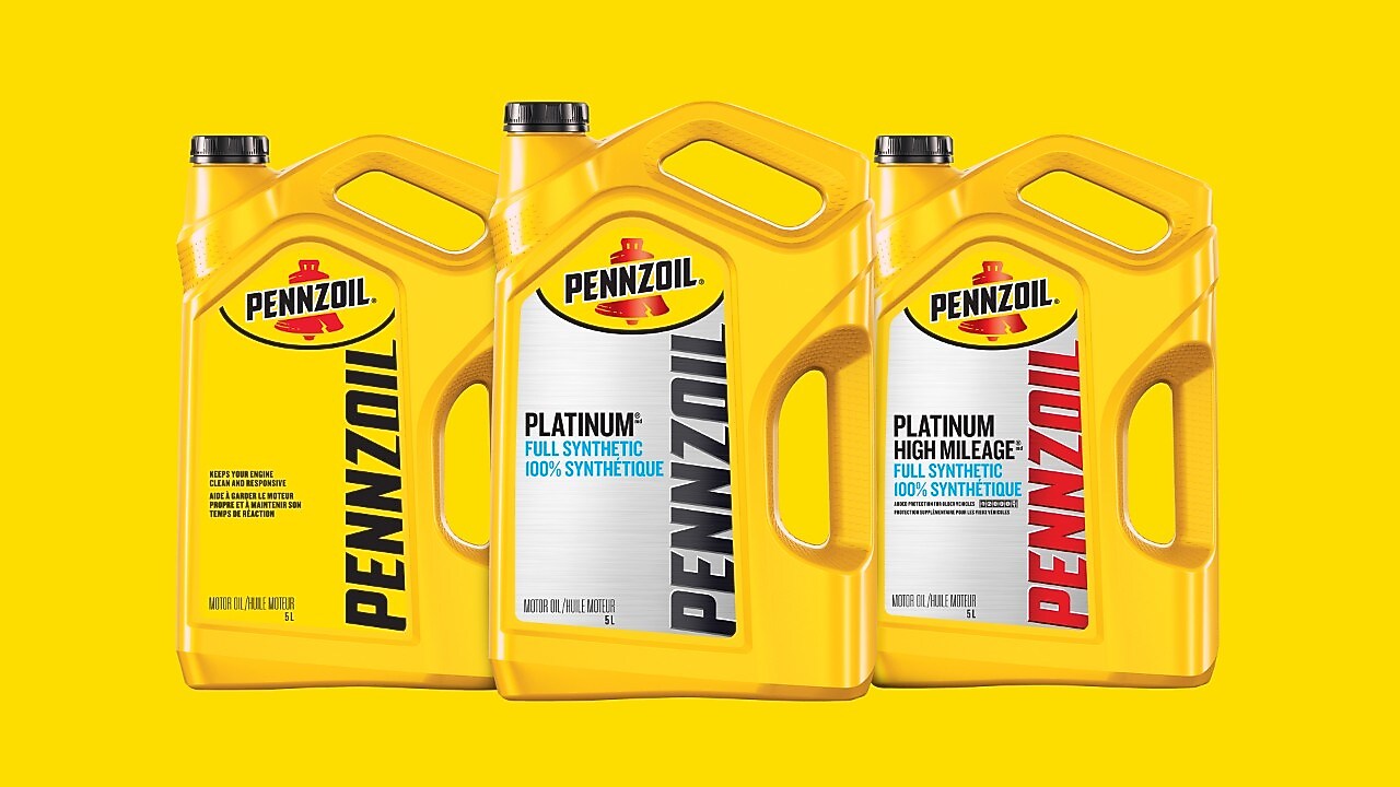 Lineup of Shell Pennzoil motor oil bottles designed for ultimate engine performance.