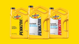 Lineup of Shell Pennzoil motor oil bottles designed for ultimate engine performance.