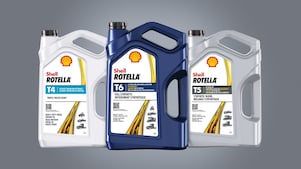 Lineup of Shell Rotella motor oil bottles built on the Triple Protection legacy of performance.