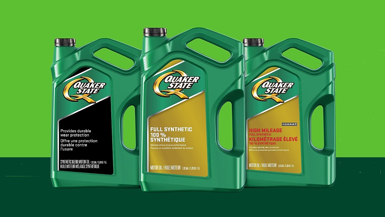 Lineup of Shell Quaker State motor oil bottles engineered for strong performance and ultimate protection.
