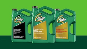 Lineup of Shell Quaker State motor oil bottles engineered for strong performance and ultimate protection.