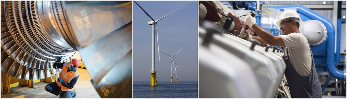 two men working and windmill in center