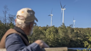 Man looking at mount storm wind turbines