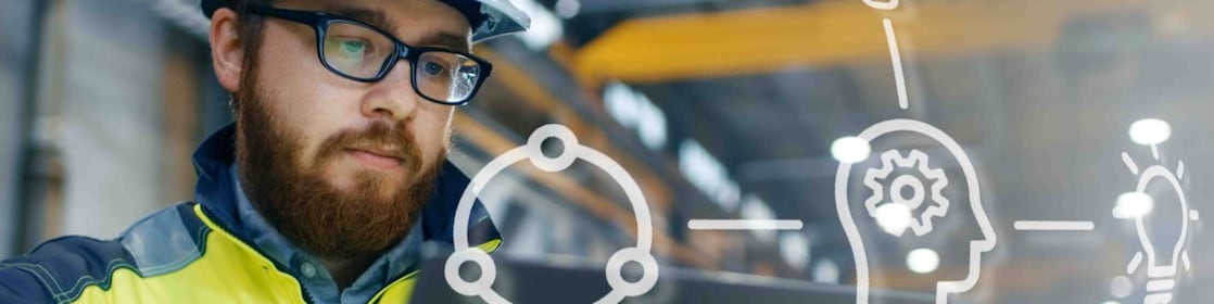 digital overlay on field worker in PPE with laptop