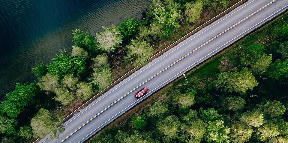 Overhead shot of a car on a road