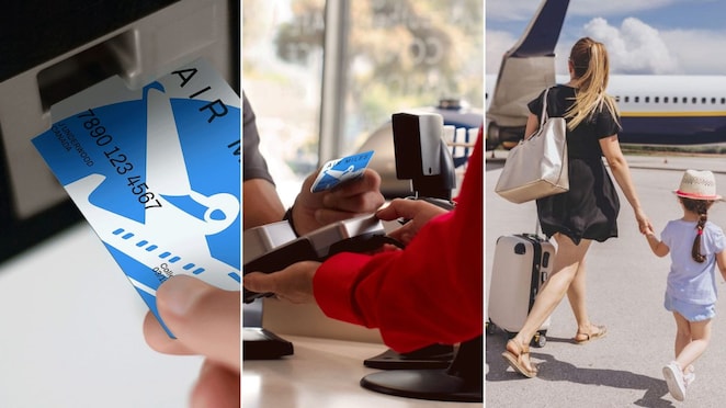 Man at ATM machine women and daughter at airport collage image