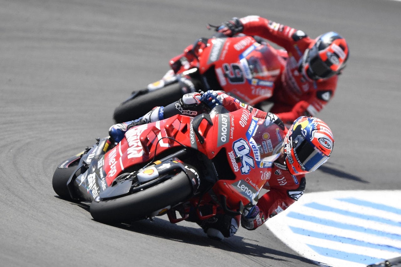 Ducati riders racing near at hand in spain